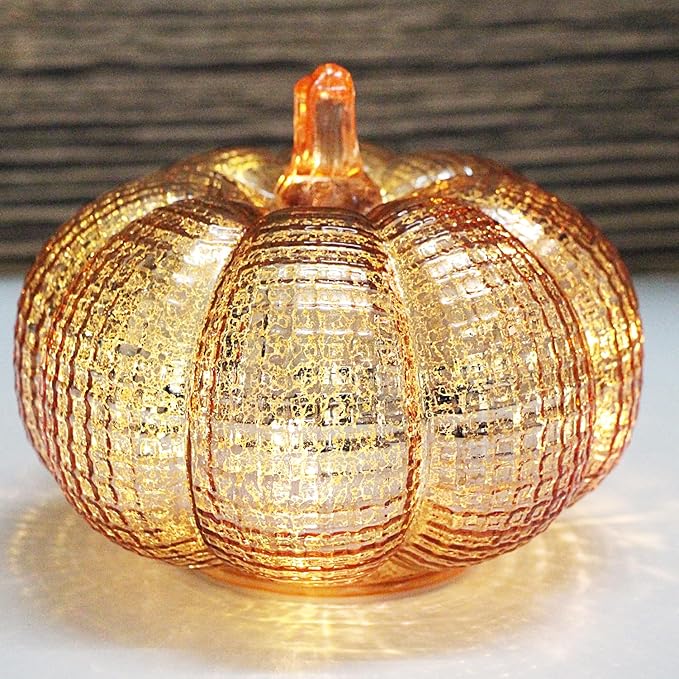 Mercury Glass Pumpkin Lights with Timer, Battery Operated Led Pumpkin Lights for Halloween Fall,Thanksgiving Rustic Decor (Rosegold Grid-Patterned, 5.5")