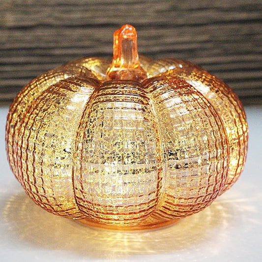 Mercury Glass Pumpkin Lights with Timer, Battery Operated Led Pumpkin Lights for Halloween Fall,Thanksgiving Rustic Decor (Rosegold Grid-Patterned, 5.5")