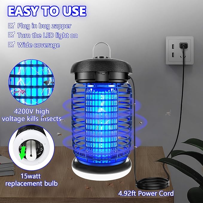 Bug Zapper Outdoor, Mosquito Zapper with LED Light, Fly Zapper Outdoor Indoor, Insect Zapper Electric Fly Traps, Plug in Mosquito Killer for Patio Yard