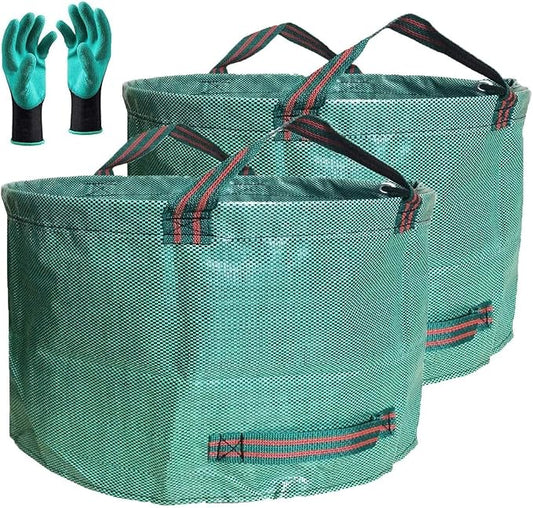 Professional 2-Pack 63 Gallons Lawn Garden Bags Yard Waste Bag (D31, H19 inches) with Gardening Gloves,Standable,Reusable Leaf Grass Bag,Garden Trash Containers,Lawn Yard Waste Bags with 4 Handles