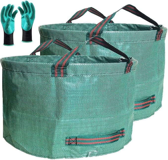 Standard 2-Pack 46 Gallon Yard Garden Bags (D26, H19 inch) with Gloves for Yard Waste Bags,Lawn Debris,Weeds Bag,Recycle Bin,Laundry Container,Camping Waste Bin,Lawn Grass Clippings,Leaf Bag 4 Handles
