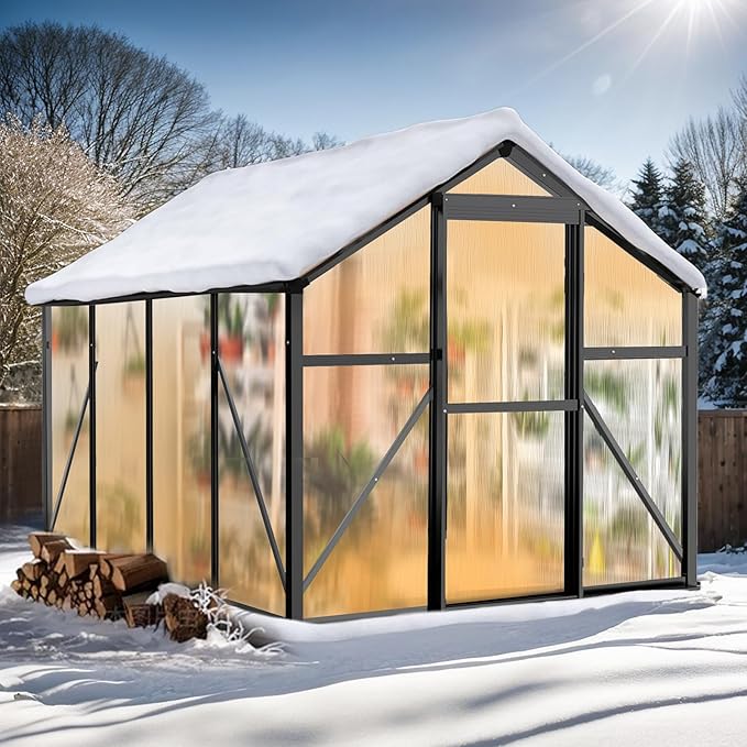 VINGLI 6x8 FT Heavy Duty Polycarbonate Greenhouse with 5 Roof Vents, Aluminum Frame, Black