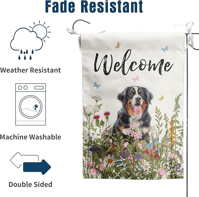 Spring Summer Garden Flag Floral Bernese Mountain Yard Flag Flower Dog Garden Flags for Outside Small Outdoor Welcome Flags 12x18 Double Sided