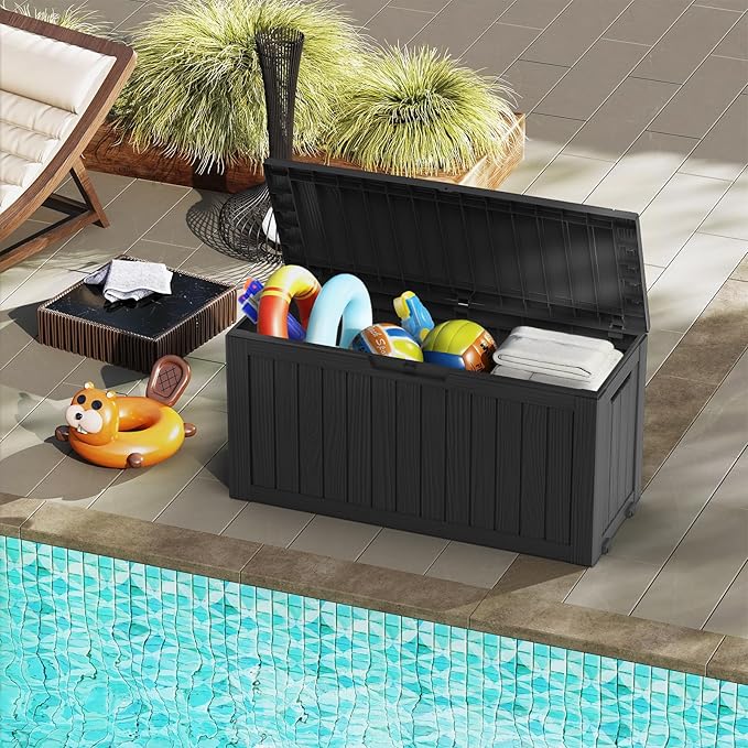 Mars Villa Deck Box, Waterproof Weatherproof and UV Resistant Resin Storage Bin with Lockable Lid, Ideal for, Outdoor, Patio Furniture Cushions, Pool Supplies, Garden Tools (72 Gallon, Black)