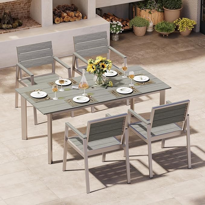 Outdoor Dining Set for 4, Patio Table and Chairs Set with Umbrella Hole, 5 Pieces HDPS Outdoor Furniture Sets for Patio, Garden, Backyard （Silver & Gray）