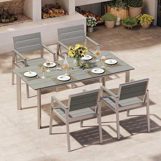 Outdoor Dining Set for 4, Patio Table and Chairs Set with Umbrella Hole, 5 Pieces HDPS Outdoor Furniture Sets for Patio, Garden, Backyard （Silver & Gray）
