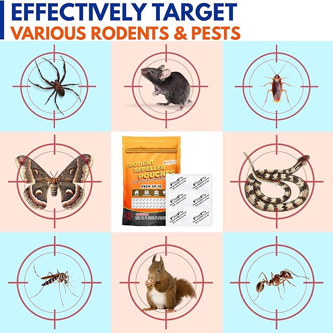 FINEFIX Pack of 10 Mouse Repellent Pouches Prepared with a Modified Botanical Formula Which Produces Scents That Deter Mice Pest Control for Home Basement Garage Barn Boat RVs