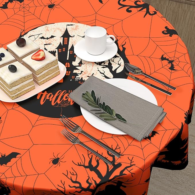 Happy Halloween Table Cloth, Pumpkin Spiders Ghosts Washable Polyester Round Tablecloth 60 inch for Kitchen Dinner Dining Room Indoor Outdoor Holiday Halloween Party Decoration