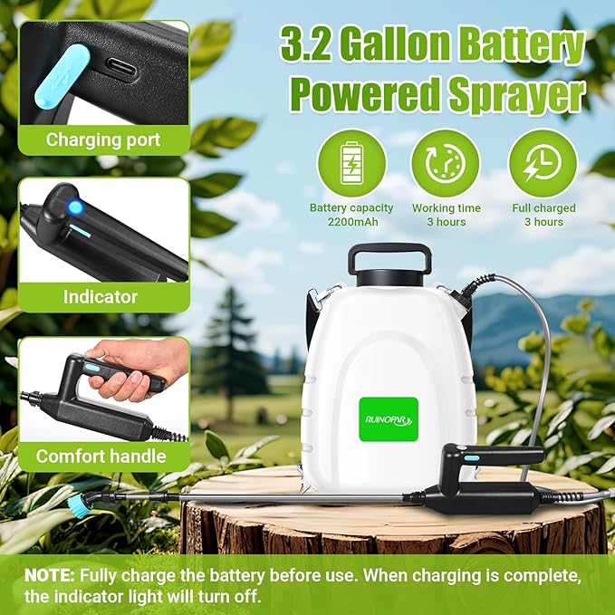 Battery Powered Sprayer 3.2 Gallon,Powerful Electric Sprayer with 5 Mist Nozzles,Rechargeable Handle, 41 in Retractable Wand,Adjustable Shoulder Strap,for Lawn,Gardening,Cleaning