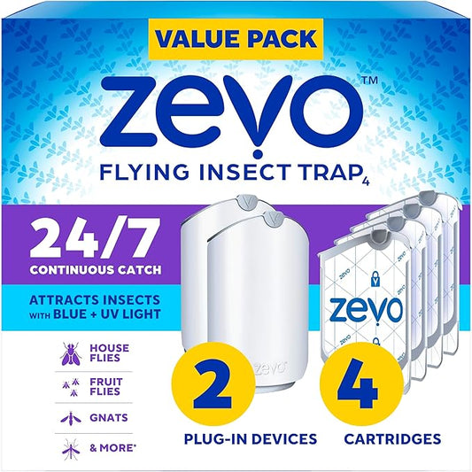 Zevo 2 Flying Insect Traps & 4 Refill Cartridges - Plug in Fly Trap & Indoor Bug Catcher for Gnats, House & Fruit Flies - Blue & UV Light Technology, Mess-Free Alternative to Bug Zapper
