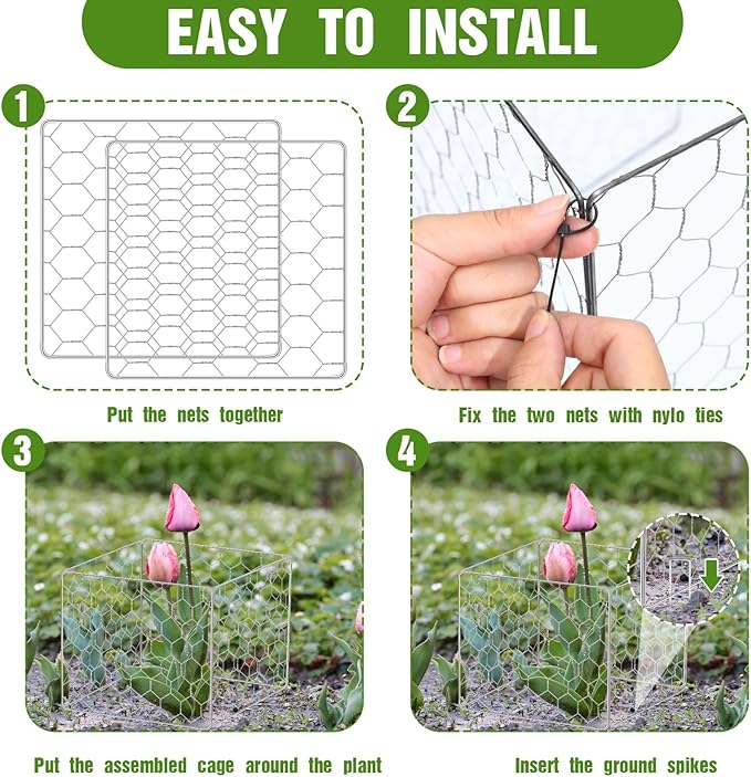 16 Set Wire Plant Protectors Square Wire Plant Cages Chicken Wire Cloche Mesh Plant Cage with 64 Ground Stakes and 200 Nylon Ties Protect Plants, Garden, Vegetables from Animals(12 x 12)