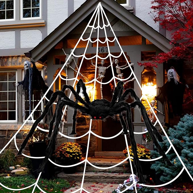 276" Halloween Spider Web 59" Giant Spider Decorations 20 Fake Spiders with Triangular Huge Spiders Web for Yard Lawn Garden Patio Scary Outside Decor-Indoor Haunted House Prop Party Halloween Décor