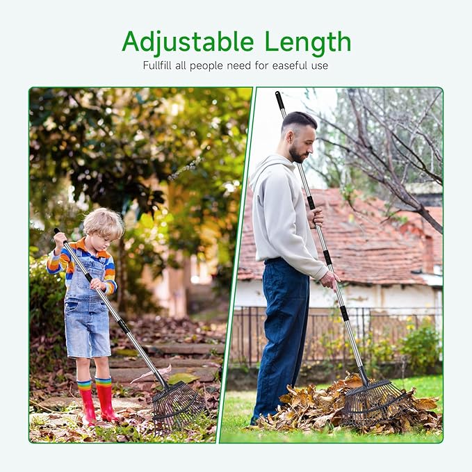 Rake for Leaves Heavy Duty 72 Inch Long Expandable Leaf Rake, 18 Inch Wide Garden Rakes with 25 Reinforced Tines and Stainless Steel Handle for Lawn, Yard, Leaf Cleanup