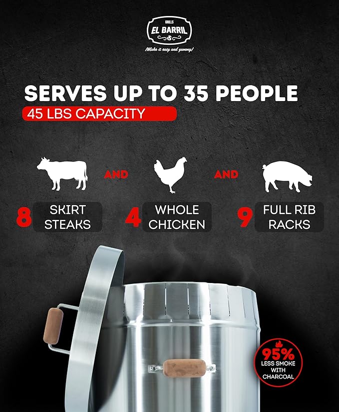 EL BARRIL 45lbs Smoker Grill Combo, Stainless Steel Vertical Barrel Charcoal Grill, Outdoor Smoker with Even Heat Distribution