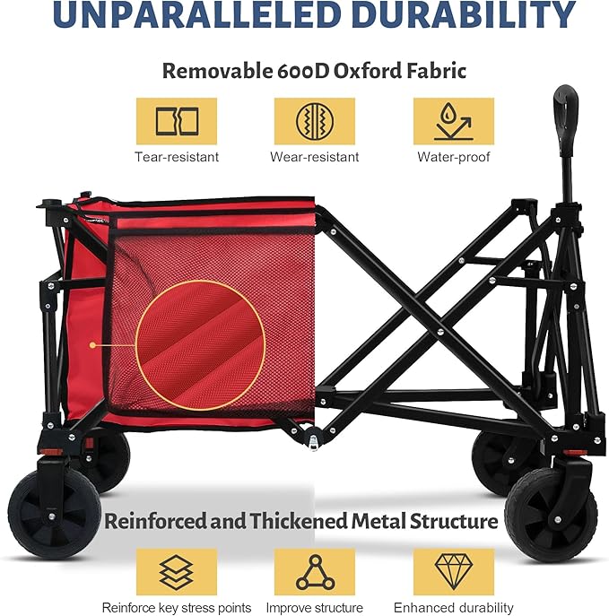 Collapsible Folding Wagon Cart, 220LBS Heavy Duty Foldable Utility Garden Cart with All Terrain Wheels & Side Storage Bag, Portable Sports Wagon for Camping, Shopping, Garden. (Red)