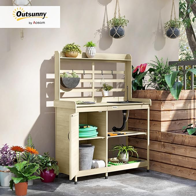 Outsunny Outdoor Wooden Potting Bench Table with Sink and Water Tap, Garden Workstation with Storage Cabinet, Storage Shelves for Backyard, Patio, Balcony, Natural