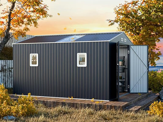 Restland 10x12 FT Metal Storage Shed Reinforced Frame Outdoor Shed with Clear Roof, Air Vent & Lockable Door Large Garden Tool Storage Sheds for Backyard, Garden, Lawn