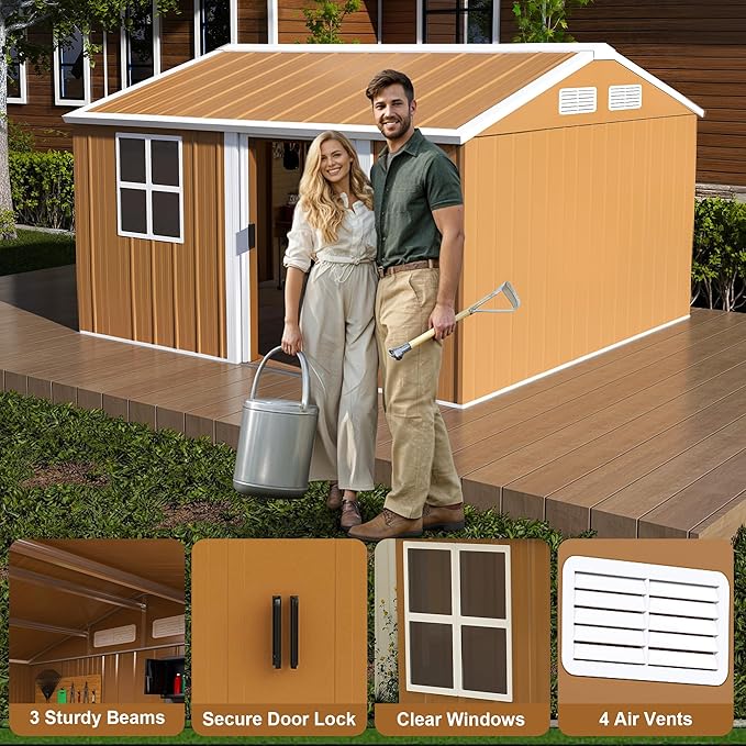 Outdoor Tool Shed 12x10 FT Heavy-Duty Metal Storage Shed with Lockable Door, Windows & Ventilation - Weather-Resistant Roof Garden Shed for Backyard, Patio, Lawn (Brown)