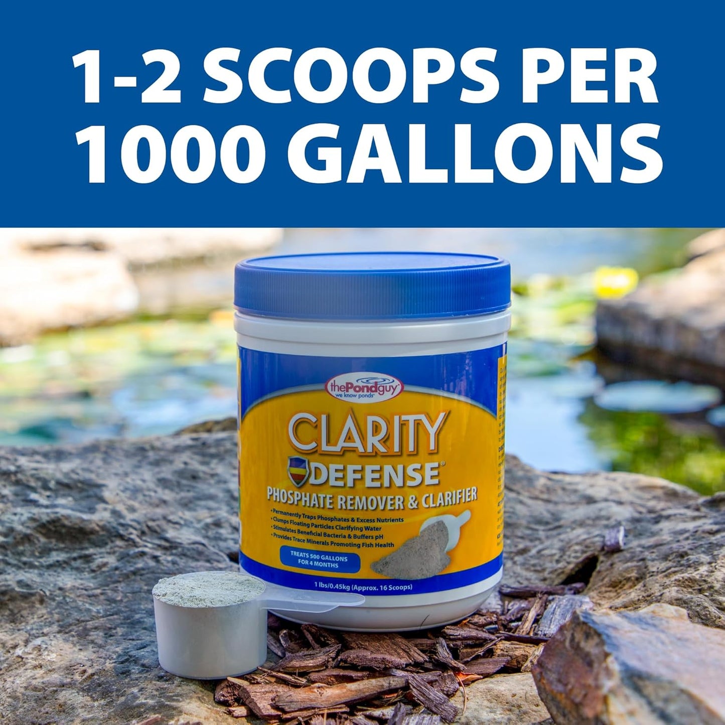 The Pond Guy Clarity Defense Water Garden Flocculant, Clear Cloudy Water, Stimulate Beneficial Microbe Growth, Fish, Plant & Animal Safe, 1.5 lbs