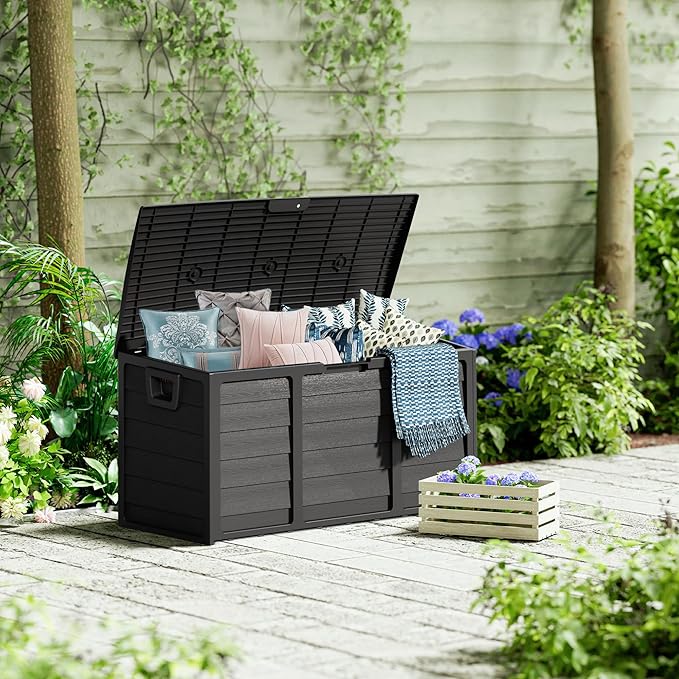 75 Gallon Outdoor Deck Box - Durable Resin Storage with Lockable Lid, for Patio Furniture Cushions, Pillows (Black)