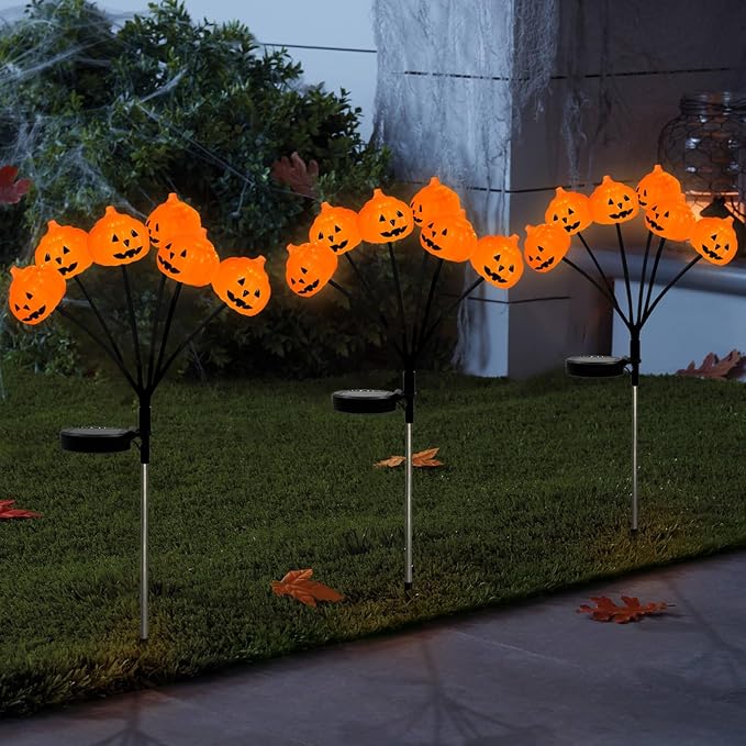 Solar Halloween Pathway Lights 3 Pack Pumpkin Stake Lights Outdoor 2 Modes Cool White LEDs for Garden Yard Patio