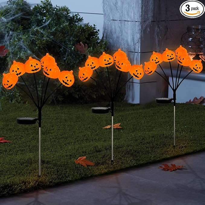 Solar Halloween Pathway Lights 3 Pack Pumpkin Stake Lights Outdoor 2 Modes Cool White LEDs for Garden Yard Patio