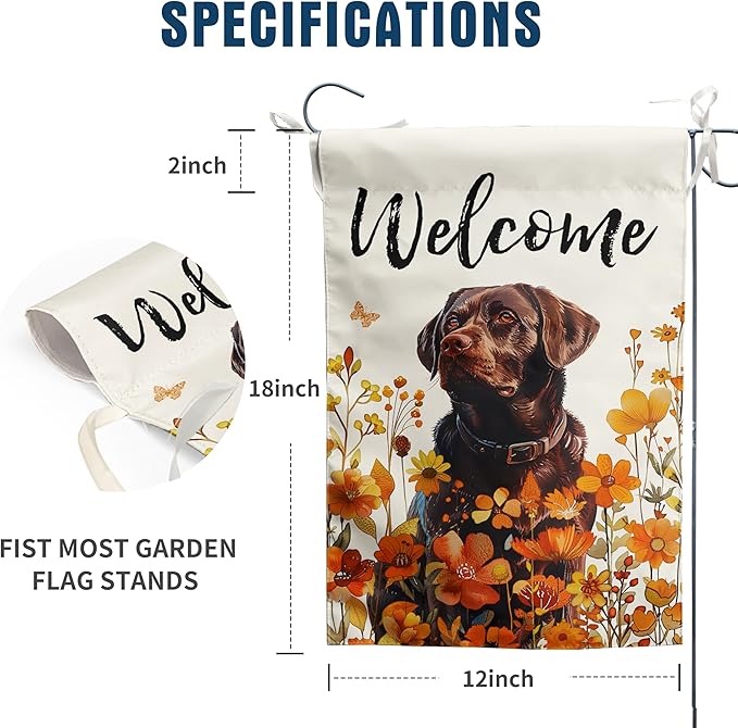 Floral Chocolate Lab Garden Flag Fall Yard Flag Wildflower Labrador Dog Garden Flags Orange Autumn Lawn Flags Welcome Thanksgiving Outdoor Flags for Outside 12x18 Double Sided Small