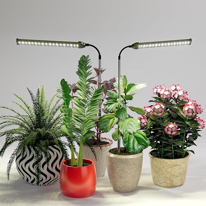 LED Grow Light 2 Pack, 6000K White Full Spectrum 144 LED Gooseneck Growing Lamp for Indoor Plants Growth,4 8 12 18Hrs Timer & Brightness Changeable,Insert Pole Extendable 4-10''