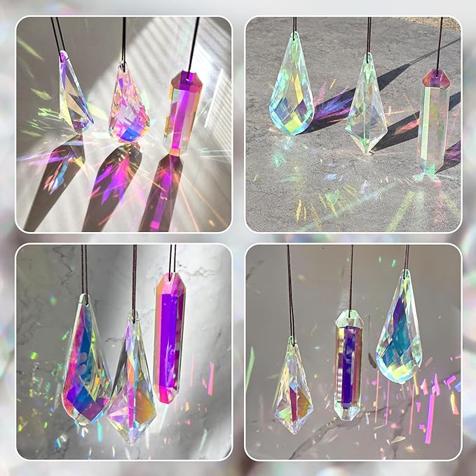 3PCS 5" Large Crystal Sun Catcher Prisms, AB Colored Hanging Suncatchers with Glass Prism, Rainbow Maker Light Catchers for Windows Garden Home Decoration