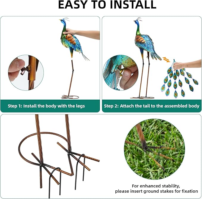 32" Metal Peacock Yard Decor - Handmade Oversize Peacock Sculptures with Stable Ground Stakes, Backyard Decoration, Metal Garden Art.
