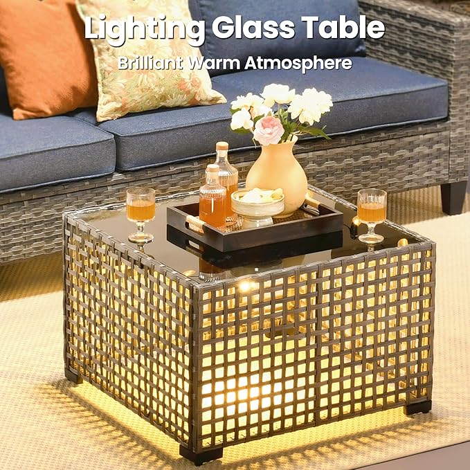 ovios 8 Pieces Patio Furniture Set, Outdoor Wicker Sofa Couch with Rocking Swivel Chairs Solar Lights Table, Modern Deep Seat Rattan Conversation Sets for Porch Deck, Denim Blue