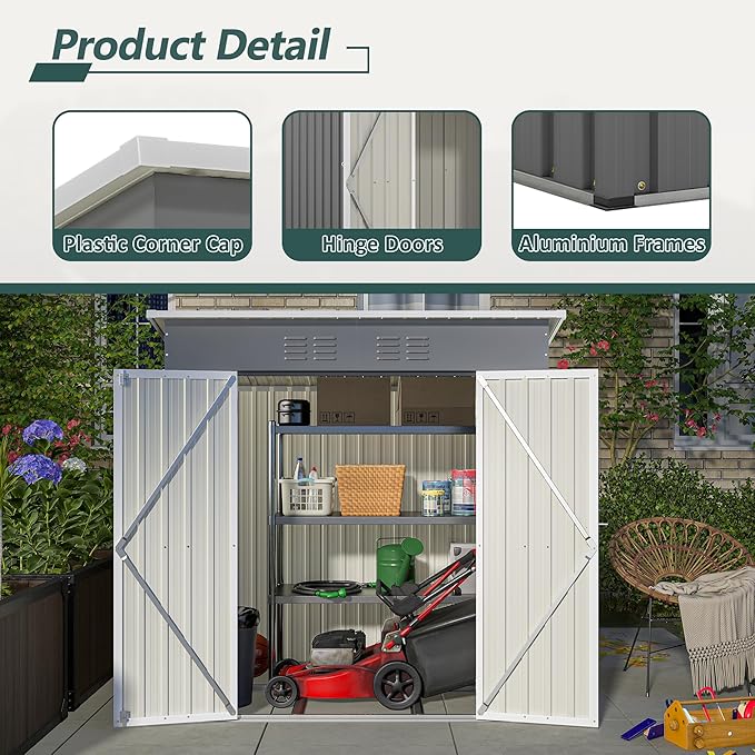 10X8 FT Outdoor Storage Shed, All Weather Metal Sheds with Lockable Doors, Tool Shed for Garden, Patio, Backyard, Lawn (Grey with Floor Frame, 6x4 ft)