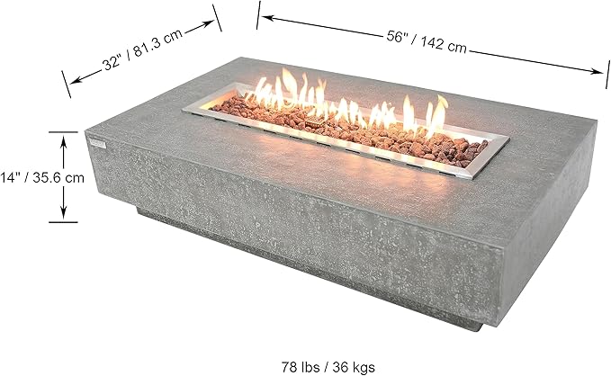Elementi | Hampton Gas Fire Pit Cast Concrete 56" Rectangular Fire Table, Outdoor Fire Pit Electronic Ignition | Canvas Cover, Lava Rock Included | Light Gray (Natural Gas)