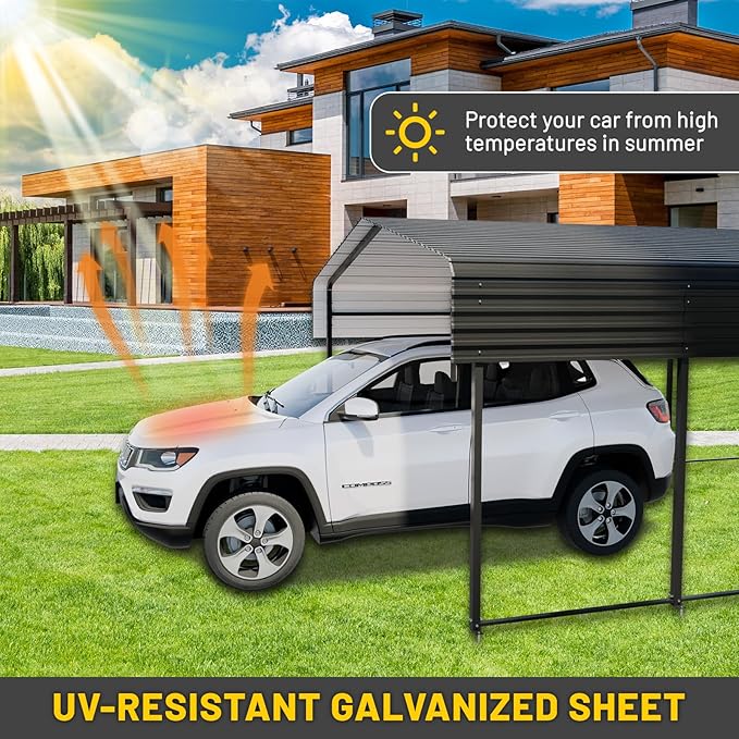 Metal Carport 10 * 15 FT with Enhanced Base Heavy Duty Garage with Galvanized Steel Roof Multi-Use Shelter Outdoor for Car, Pickup, Boat and Tractors