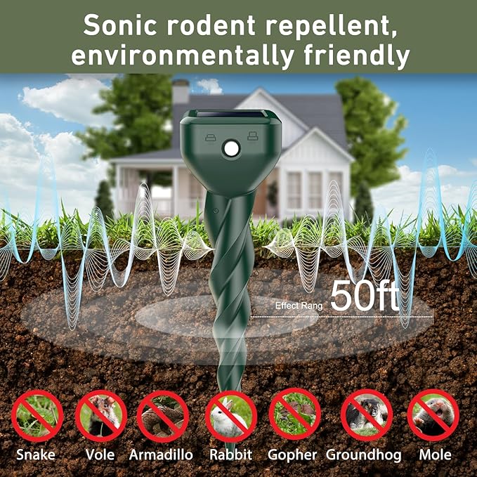 Mole Repellent Solar Powered, 4 Pack Snake Repellent for Yard, Waterproof Ultrasonic Deterrent Stakes, Get Rid for Rabbit, Gopher, Vole, Skunk, Chipmunk, Deer, Groundhog Sonic Spikes for Lawns Garden