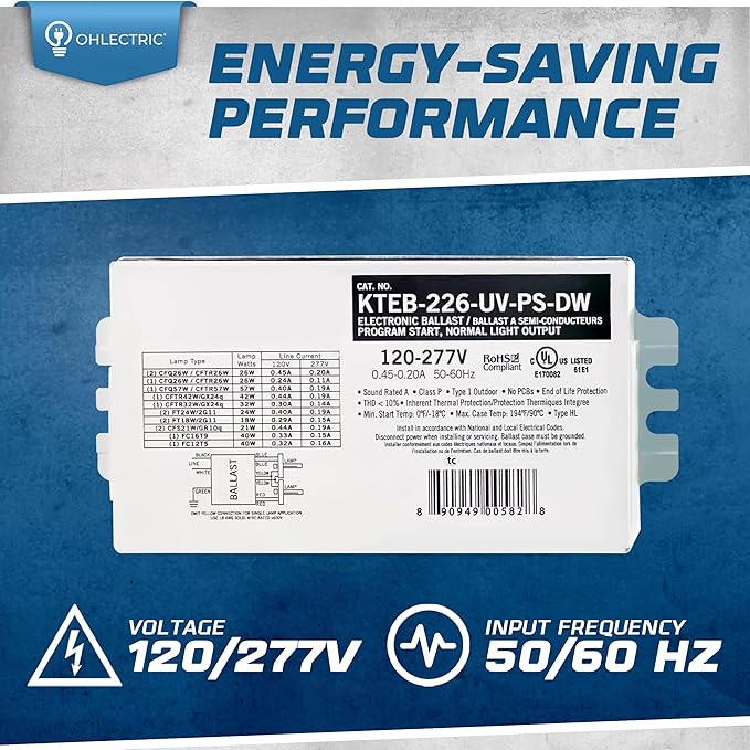OHLECTRIC 2 Pack - Replacement for Keystone KTEB-226-UV-PS-DW | 2 Lamp Compact Fluorescent Electronic Ballast | 26 Watts & 120-277V Input | High Power Factor & Program Start | UL Listed