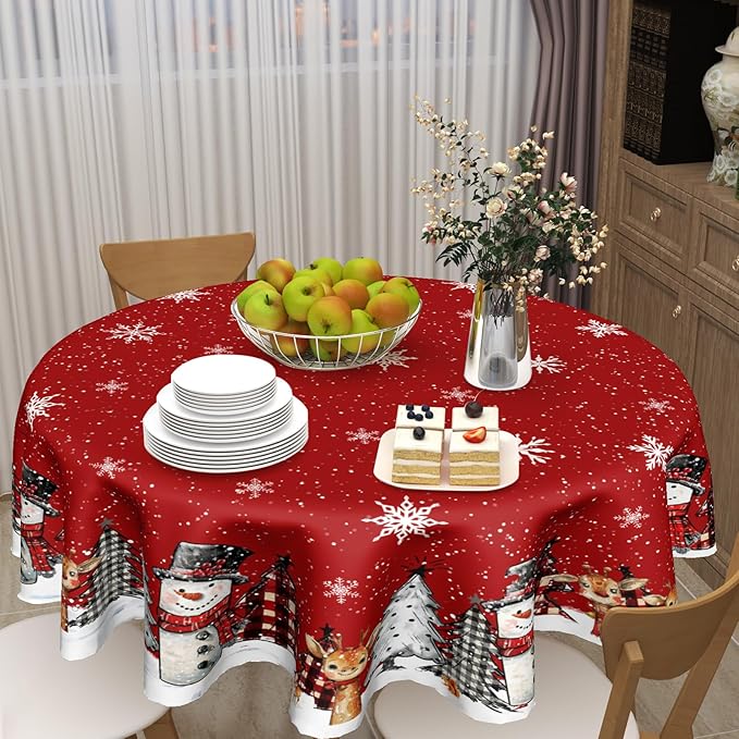 Christmas Round Tablecloth 60 Inch,Xmas Snowman Snowflakes Red Farmhouse Reusable Washable Polyester Table Cover for Kitchen Holiday Party Outdoor Dining Room Home Decor Gift