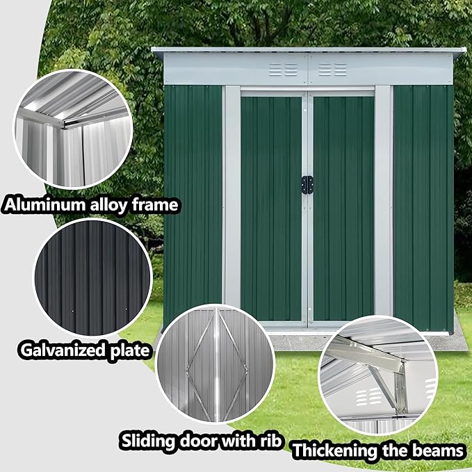 6x4FT Storage Shed with Sliding Door,Metal Outdoor Tool House W/Sloped Roof,All Weather Waterproof,for Backyard,Patio,Lawn,Garden,Green