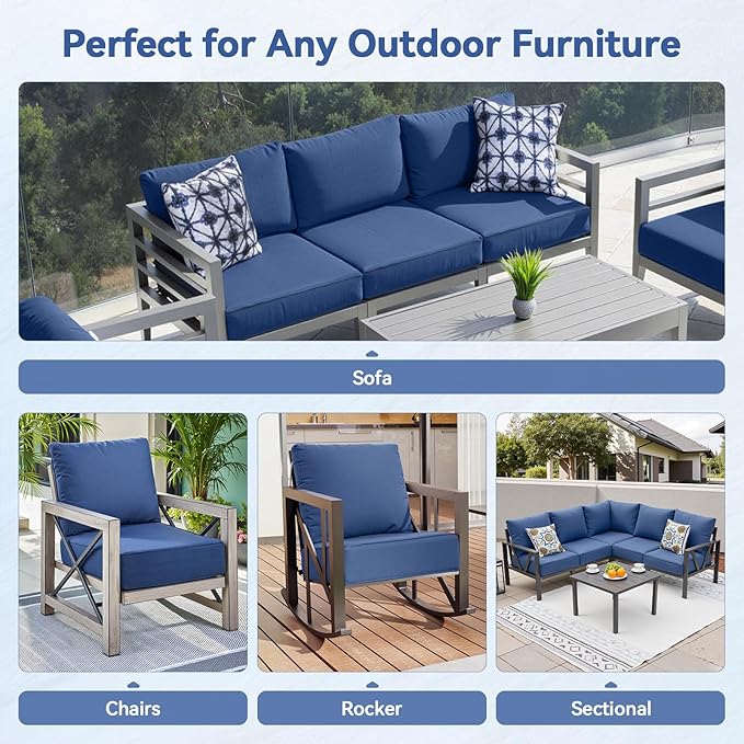 Luxury 6" Outdoor Cushions for Patio Furniture, 24x24x6 Thick Seat Cushion Set of 9, Fade Resistant Couch Chair Replacement Cushions High Density Deep Wicker Chair Cushion w/Removable Cover, Blue