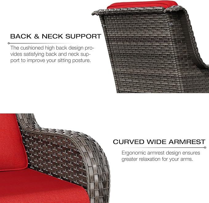 Joyside 4 Pieces Outdoor Patio Furniture Set Wicker Conversation Bistro Set 2 PE Wicker Patio Chairs with 2pcs Ottomans for Backyard, Porch, Balcony(Mixed Grey/Red)