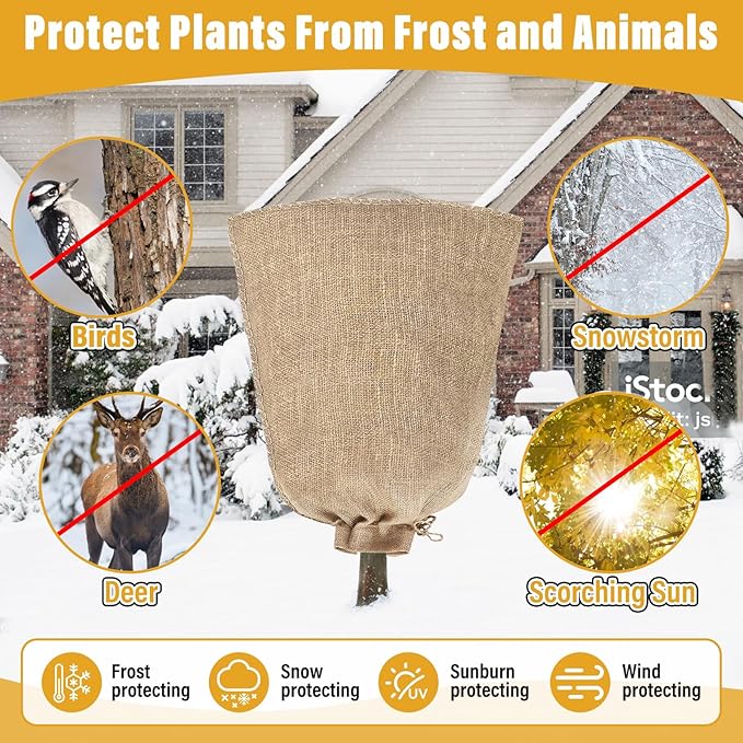 Riare 2 Packs 32 × 40 Inch Burlap Winter Plant Cover Bags with Drawstring- Reusable Large Burlap Sack Plant Frost Protector, Plant Frost Cloth Cold Tree Freeze Blanket for Outdoor Plants Shrubs Fruit