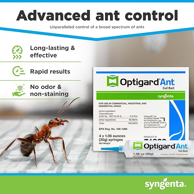 Optigard Ant Gel Bait, 4 Tubes x 30-Grams, 1 Plunger and 2 Application Tips, Effective Ant Bait, Formulated with 0.01% Thiamethoxam, Indoor and Outdoor Use, Ant Killer Gel for Most Major Ant Species