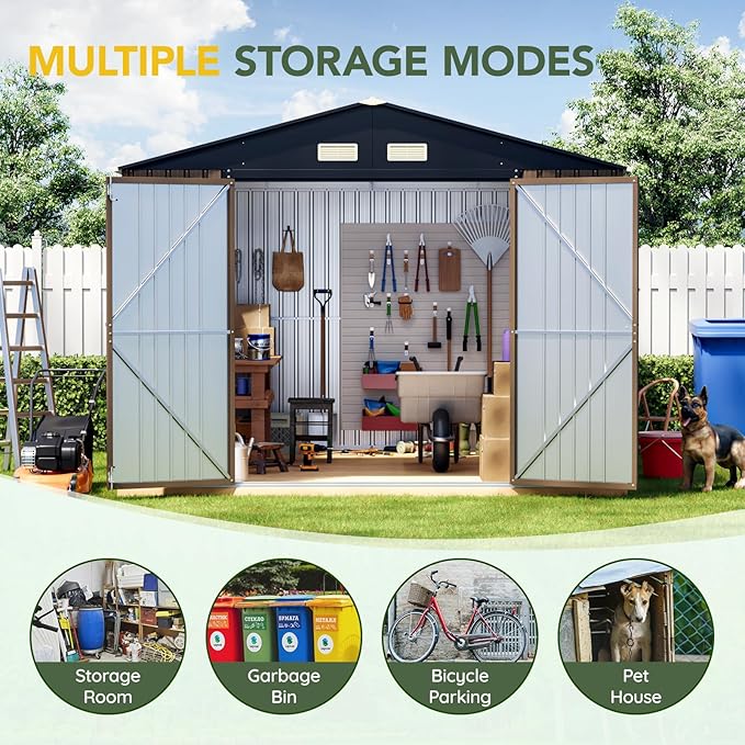 Breezz Outdoor Storage Shed 10 x 12 ft. Utility Tool Shed Metal Storage Garden Shed with Lockable Doors & Windows for Patio Storage,Brown