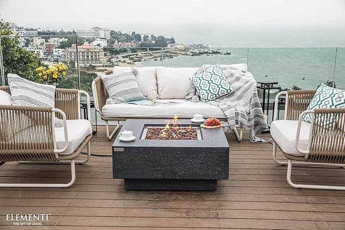 Elementi Manhattan Gas Fire Pit Cast Concrete Fire Table, Outdoor Fire Pit Electronic Ignition | Canvas Cover, Lava Rock Included | Free AMS Wind Guard | Dark Gray (Natural Gas)
