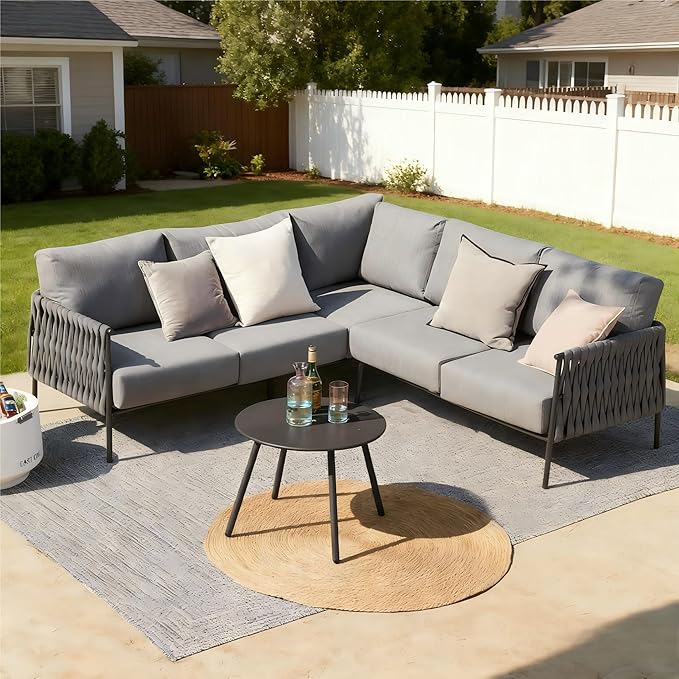 EAST OAK Life Chatter 5-Piece Patio Furniture Set, Outdoor Corner Sofa with Round Coffee Table, Deep Seating with Thick Washable Cushions, Grey