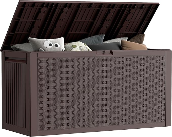 90 Gallon Outdoor Storage Box, Lockable Package Outside Storage Box Waterproof, Patio Cushions Deck Storage Boxes, Rattan Plastic Garden Hose Containers Resin Pool Storage Bins with lids, Brown