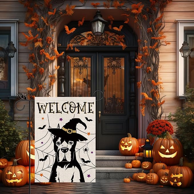 Halloween Garden Flag Great Dane Cobweb Bats Double Sided Vertical Welcome Flag Seasonal Holiday Outdoor Yard Lawn Party Decorations 12.5 x 18 Inch
