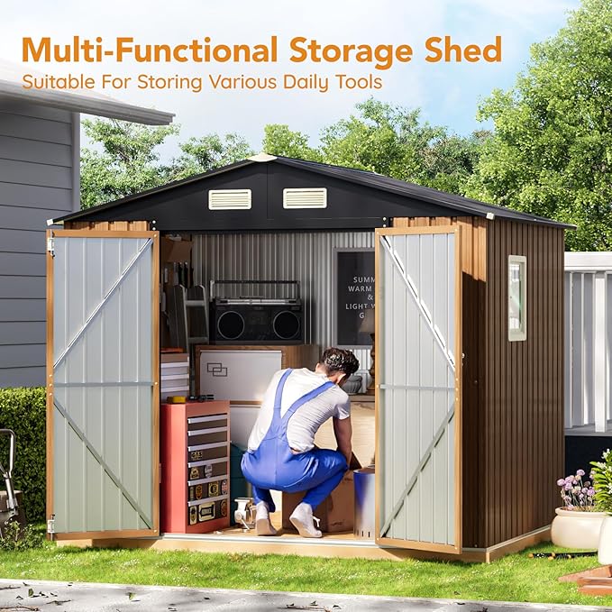 8X6 FT Garden Storage Shed with Lockable Door,Steel Tool Shed with 1 Clear Window, Anti-Corrosion Metal Shed for Backyard Patio Lawn (Wood Panels & Frame Floor Not Included)(Light Wood Grain)