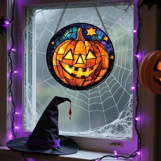 Stained Glass Window Hanging Halloween Horror Golden Pumpkin 9.8" - Suncatcher Door Garden Sunroom Gothic Style Sun Catcher Birthday for Friend Mom Men Woman Nana
