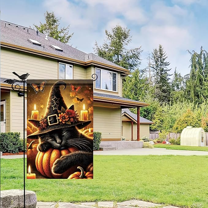 Halloween Fall Garden Flag Black Cat with Witch Hat Pumpkin Flag 12x18 Inch Double-Sided Autumn Candle Butterfly Yard Banner Outdoor Decor for Porch Lawn Pathway Cat Lover Gift